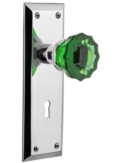 New York Mortise Lock Set with Colored Fluted Crystal Glass Knobs Emerald in Polished Chrome.